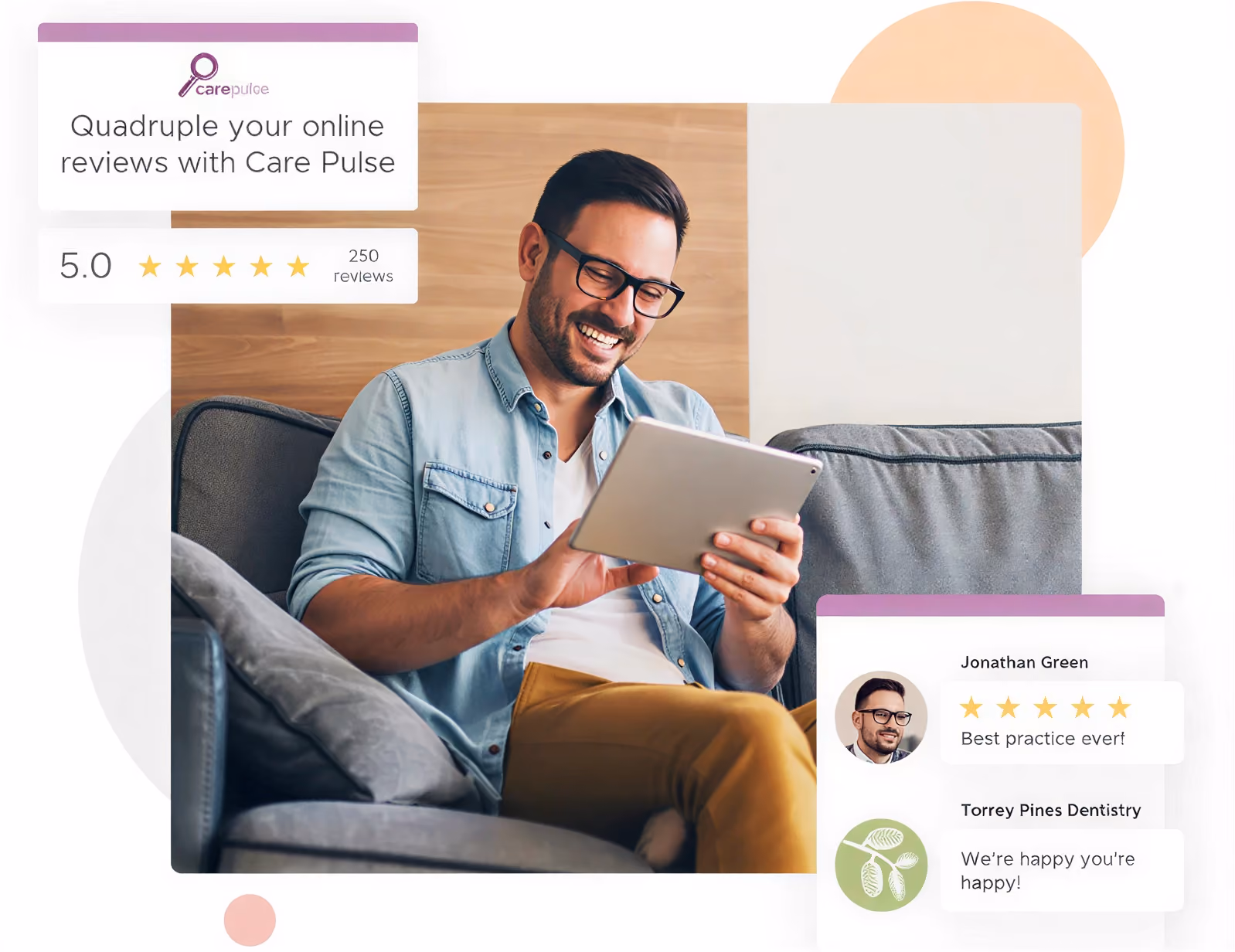 Smiling man on couch holding tablet with online review ratings and feedback from Care Pulse.