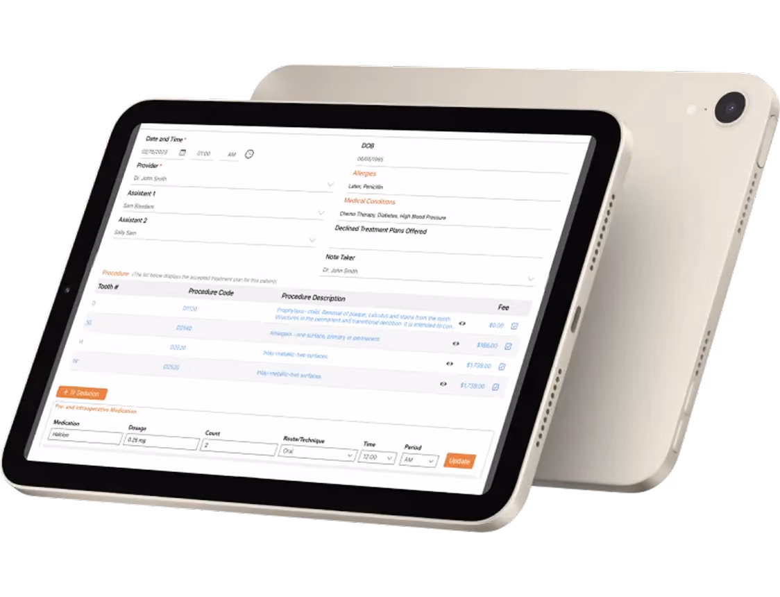 Tablet showing a medical form interface with patient details, procedures, fees, and medication info.