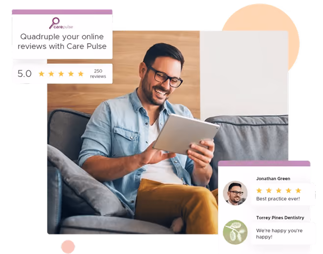 Man sitting on a couch smiling while using a tablet, with Care Pulse 5-star review graphics.