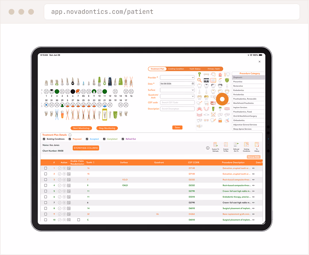 Tablet screen showing dental treatment plan interface with tooth chart, procedure list, and monitoring options.