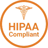 HIPAA Compliant text with medical caduceus symbol inside an orange circle.