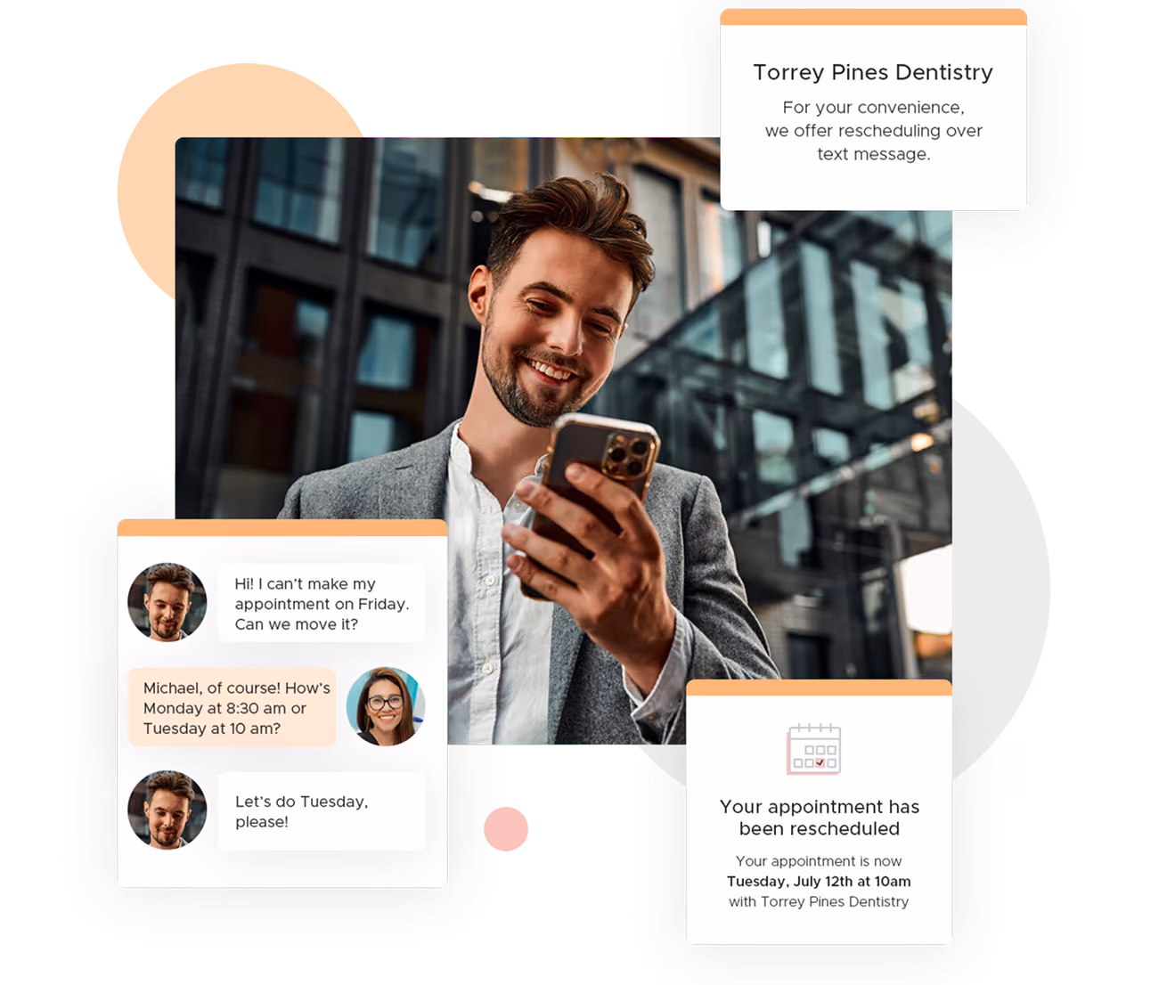 Smiling man using smartphone with text appointment rescheduling messages from Torrey Pines Dentistry.