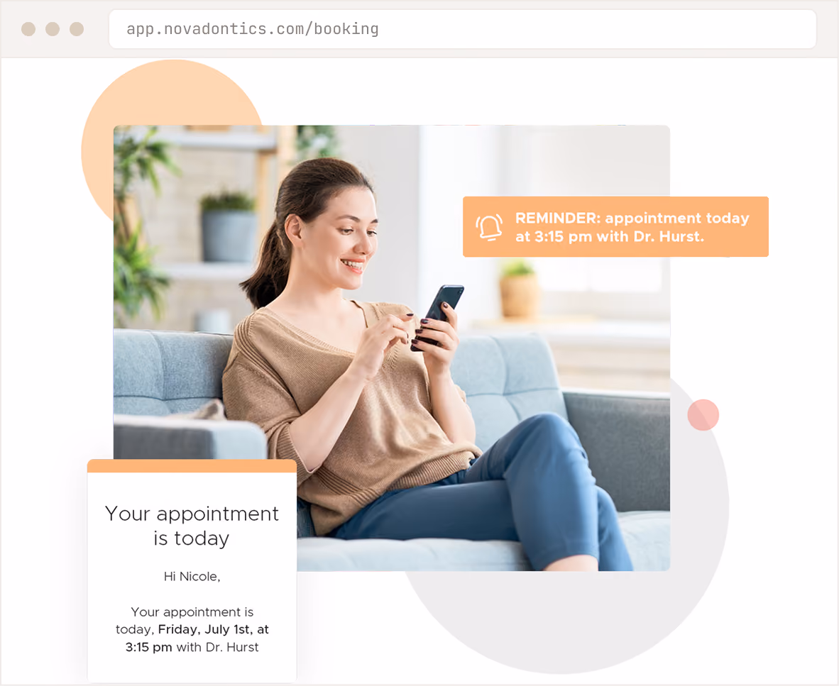 Woman sitting on couch smiling at phone with appointment reminder for 3:15 pm today with Dr. Hurst.