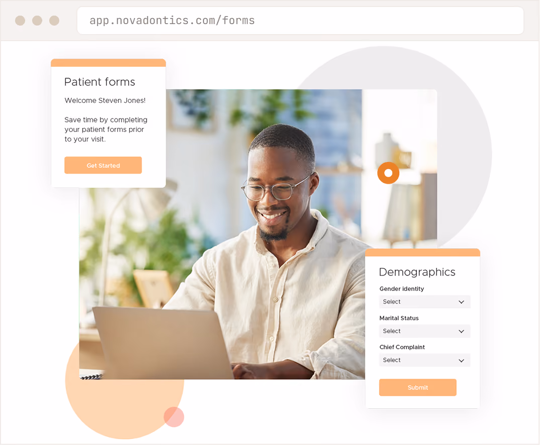 Smiling man using laptop with patient forms and demographics dropdown menus on screen.