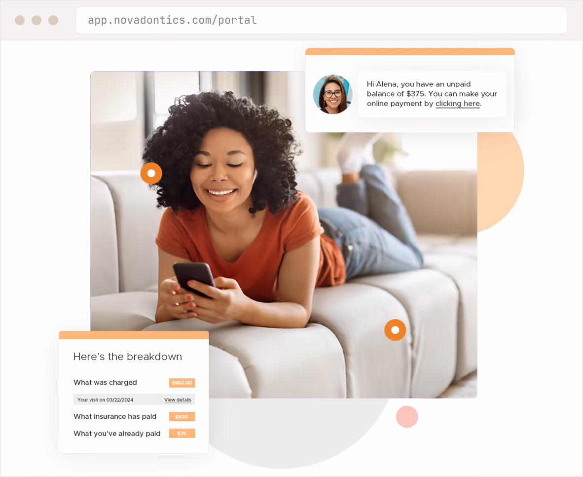 Woman lying on sofa smiling at phone with payment balance and charge breakdown overlays from dental portal.