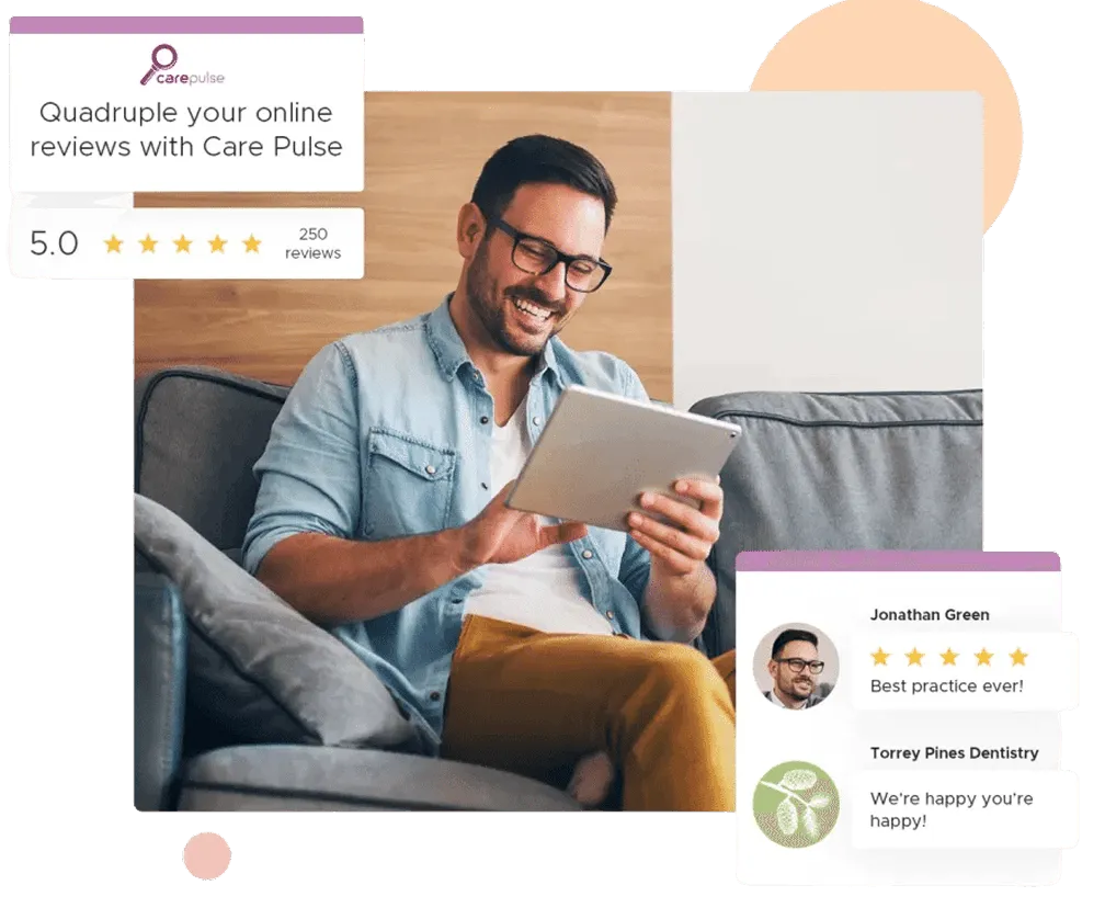 Smiling man on couch using tablet with Care Pulse 5-star reviews and positive feedback displayed.