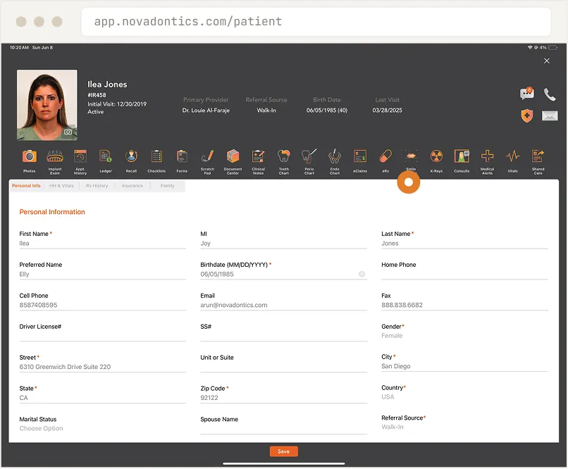 Digital patient profile screen showing personal details, contact info, and medical tabs with icons.