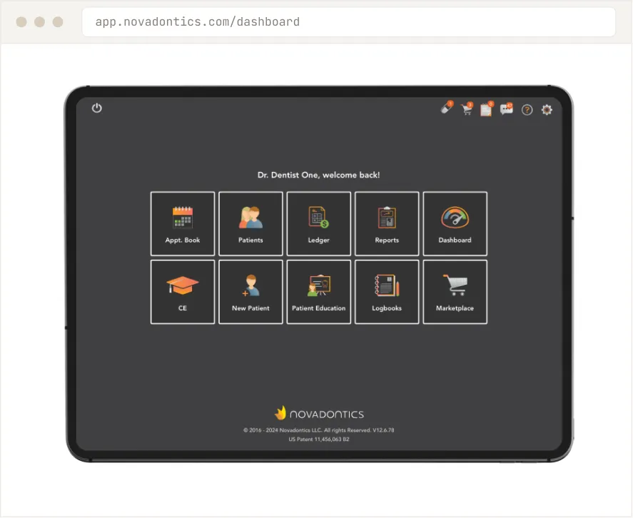Tablet screen showing Novadontics dental app dashboard with icons for patients, ledger, reports, and marketplace.
