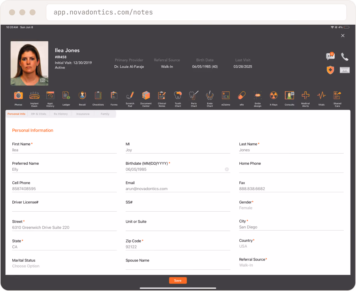 Digital patient info form for Ilea Jones with personal details and medical provider info displayed.