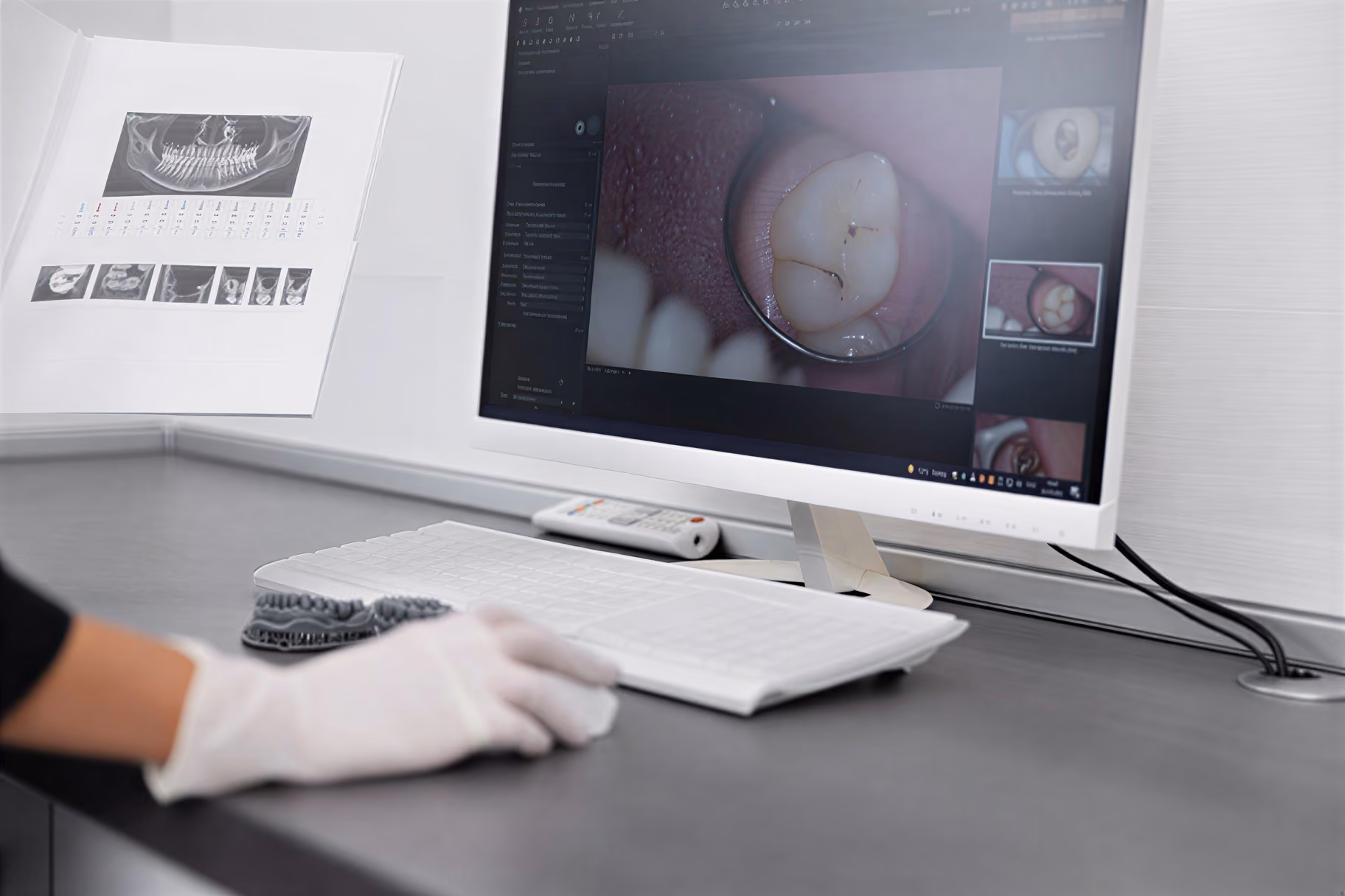 Computer screen showing a close-up digital image of a molar tooth with cracks, a gloved hand uses a mouse nearby.