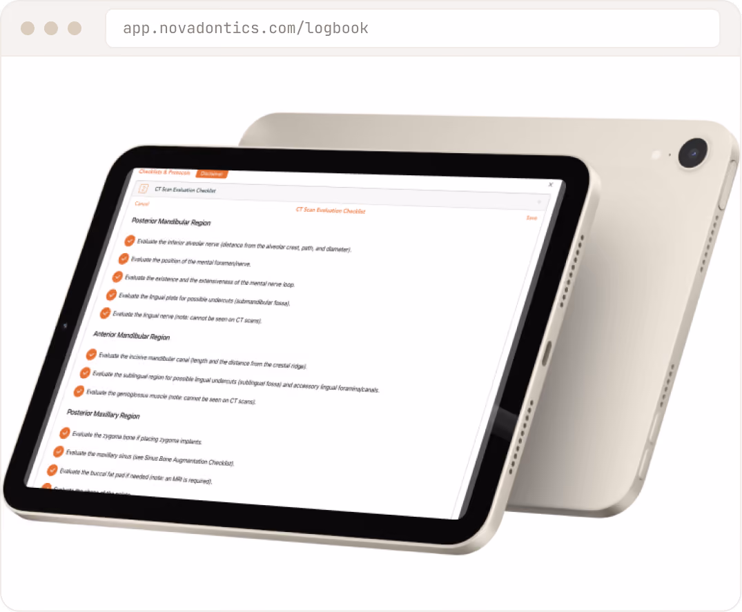Tablet showing a CT scan evaluation checklist for dental regions on app.novadontics.com/logbook.