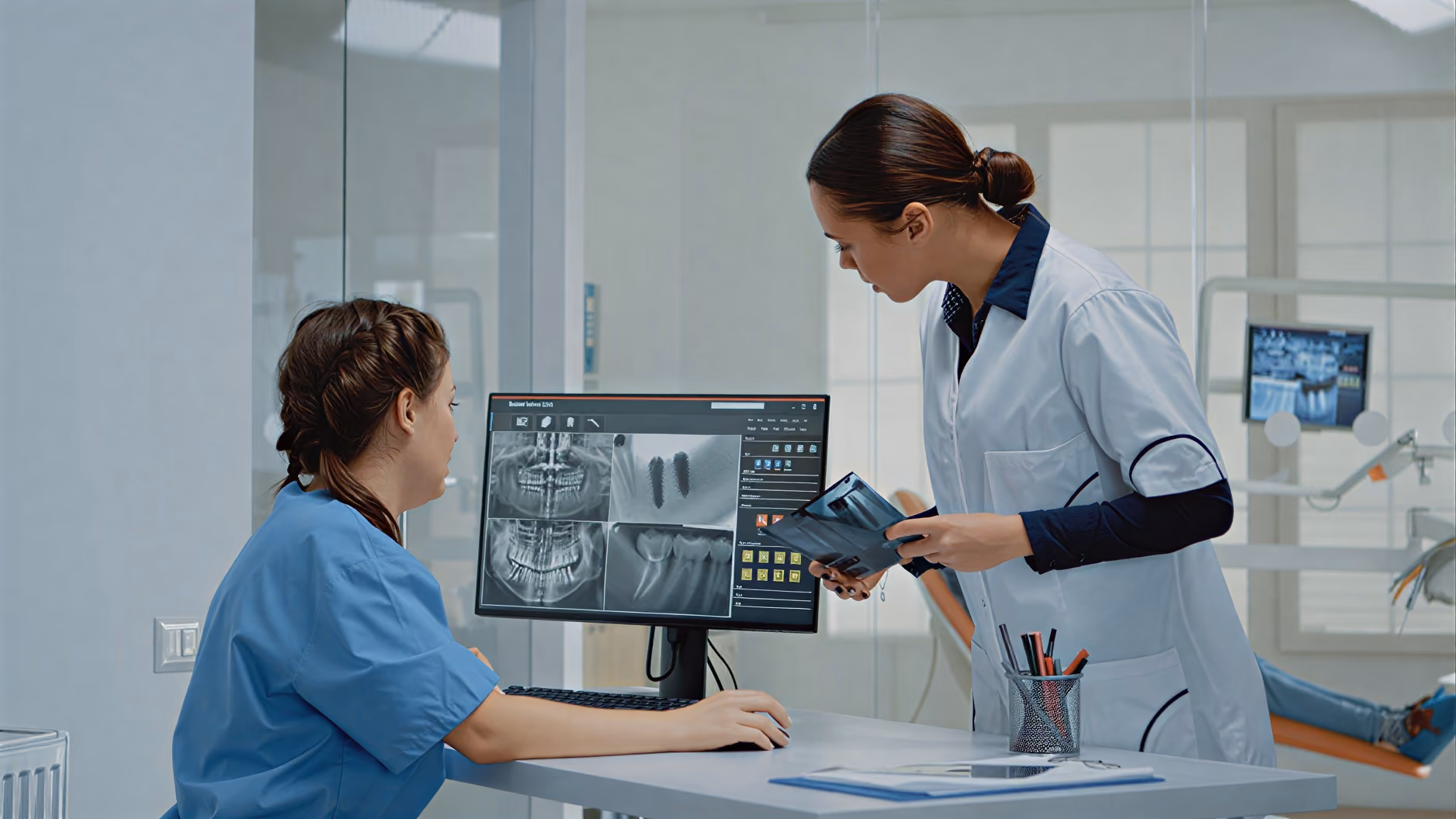 Two dental professionals reviewing dental X-rays shown on a computer monitor in a clinic.