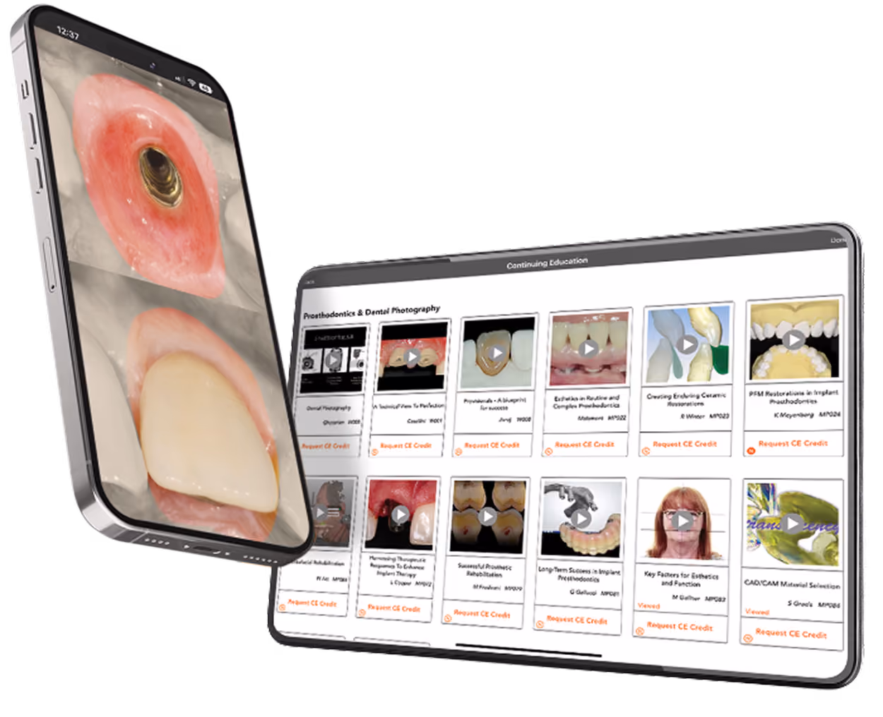 Two smart devices showing dental images and continuing education courses for prosthodontics and dental photography.