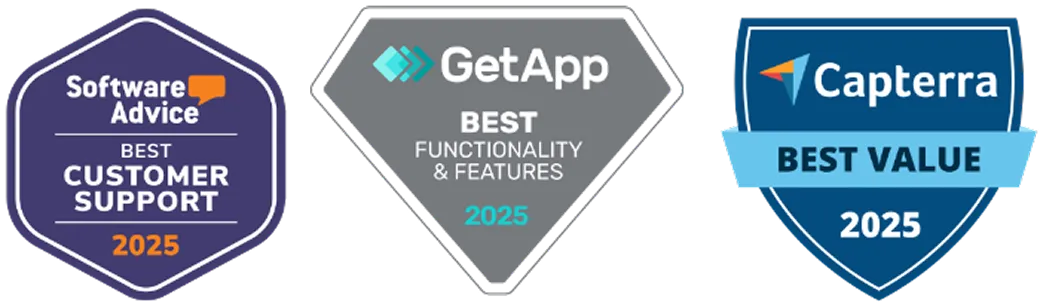 Three award badges for 2025: Software Advice for customer support, GetApp for functionality, and Capterra for best value.