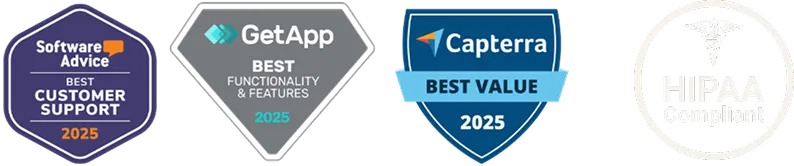Three badges for 2025: Software Advice Best Customer Support, GetApp Best Functionality and Features, and Capterra Best Value.