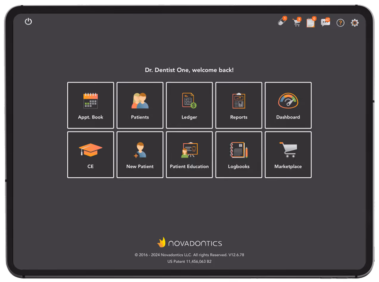 Tablet screen showing a dental practice dashboard with options like Patients, Ledger, Reports, and Marketplace.