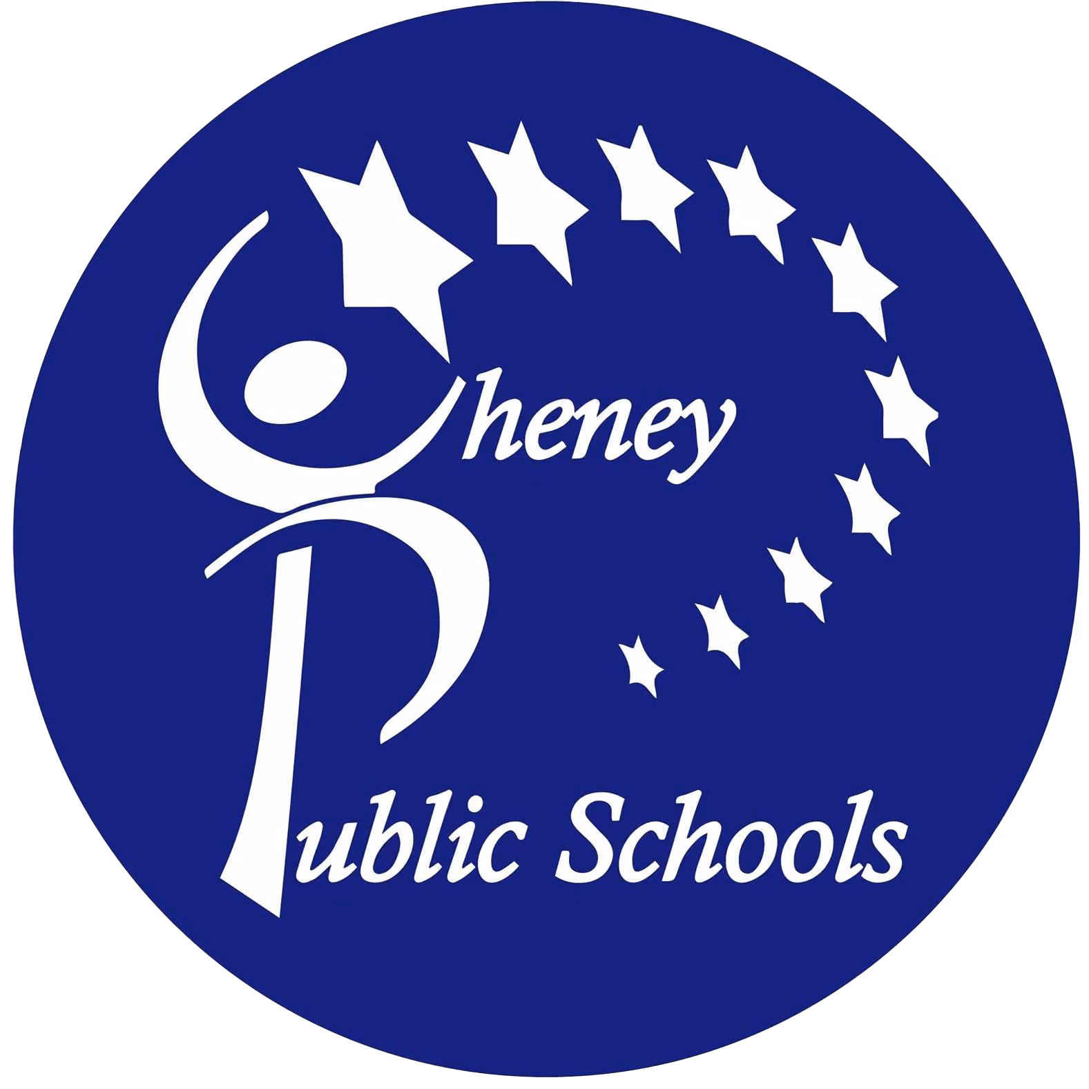 Cheney Public Schools logo with stars arching over a stylized figure on a blue circular background.