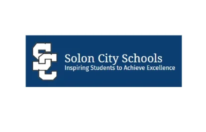 Solon City Schools logo with slogan Inspiring Students to Achieve Excellence on blue background.