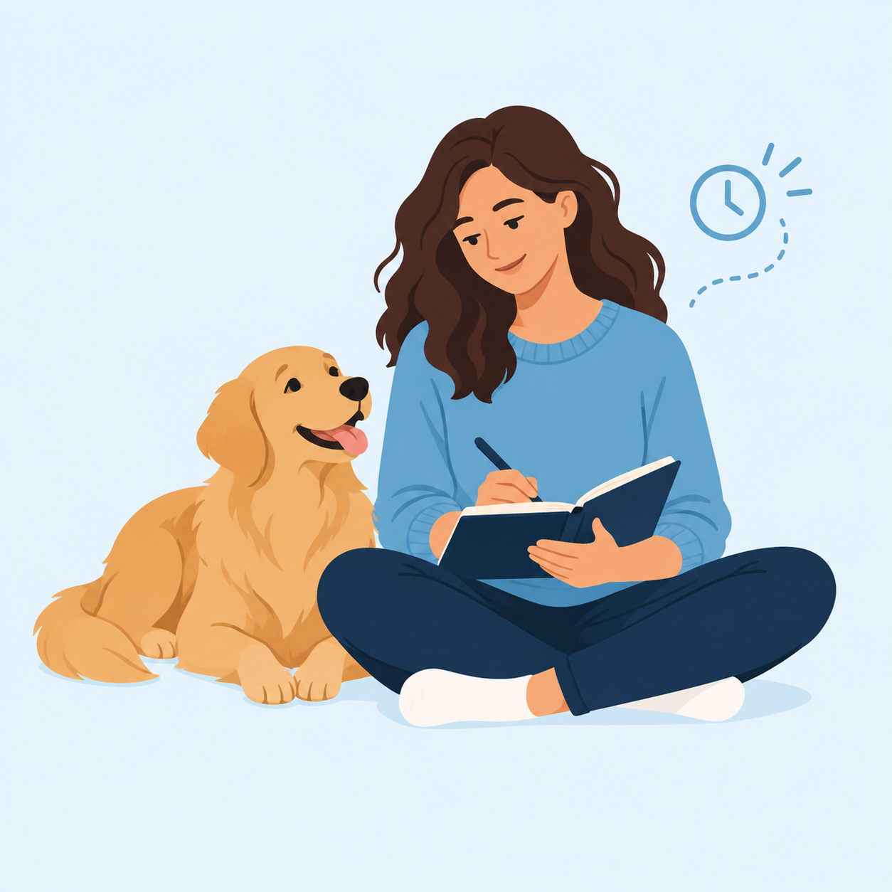 Illustration of a pet parent writing notes beside her golden retriever