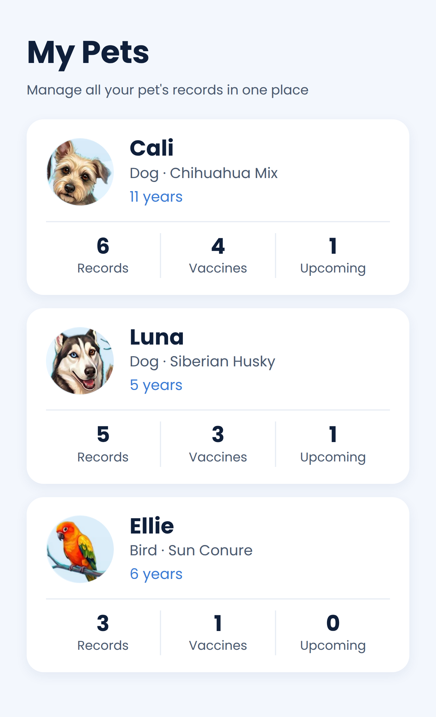 Wali pet dashboard with records and vaccines for Cali, Luna and Ellie