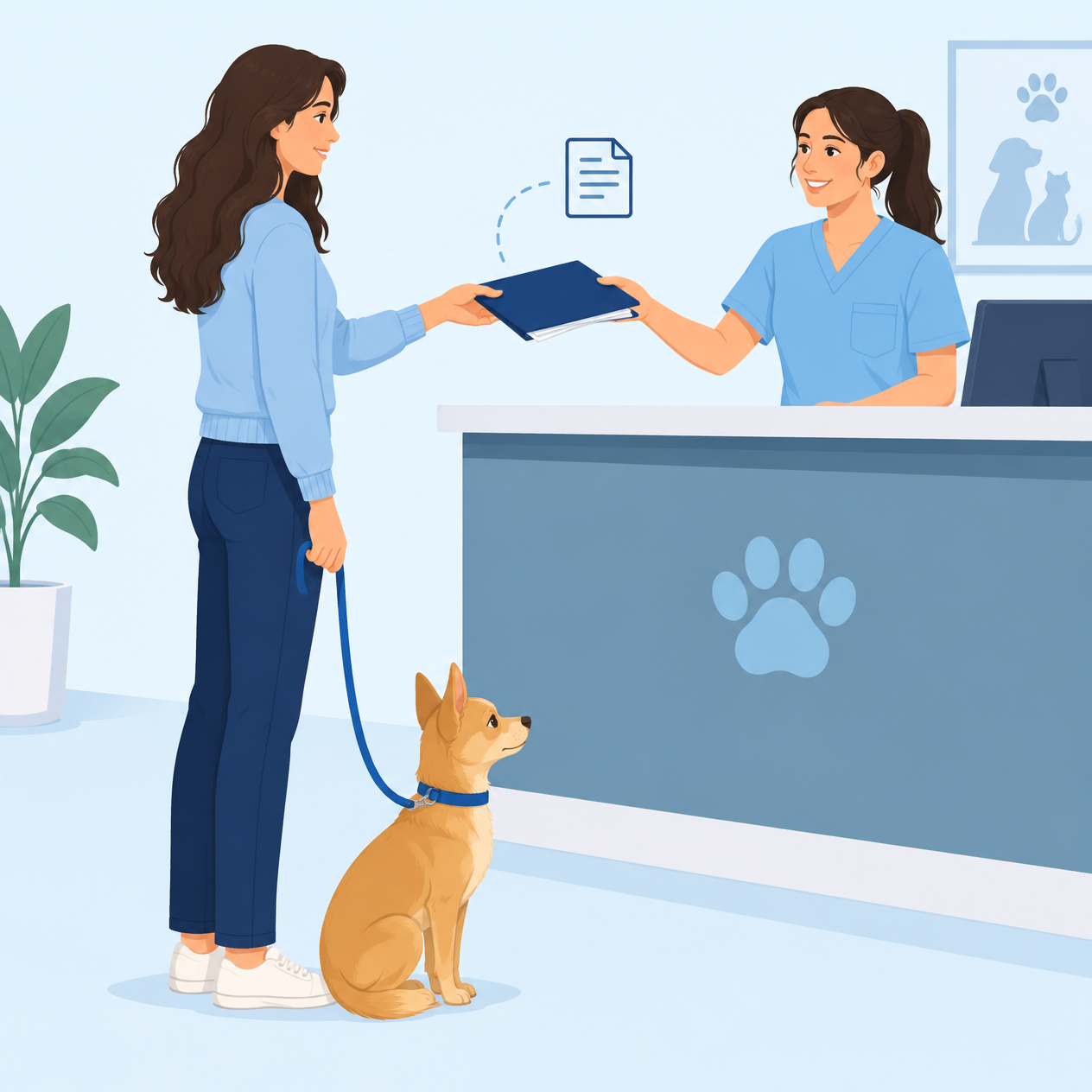 Illustration of a pet parent handing a folder of her dog's records to a smiling vet tech at a clinic front desk, her dog sitting beside her on a leash