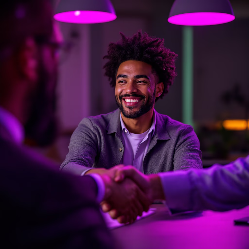 [headshot] image of satisfied customer shaking hands with company representative (for a fintech company)