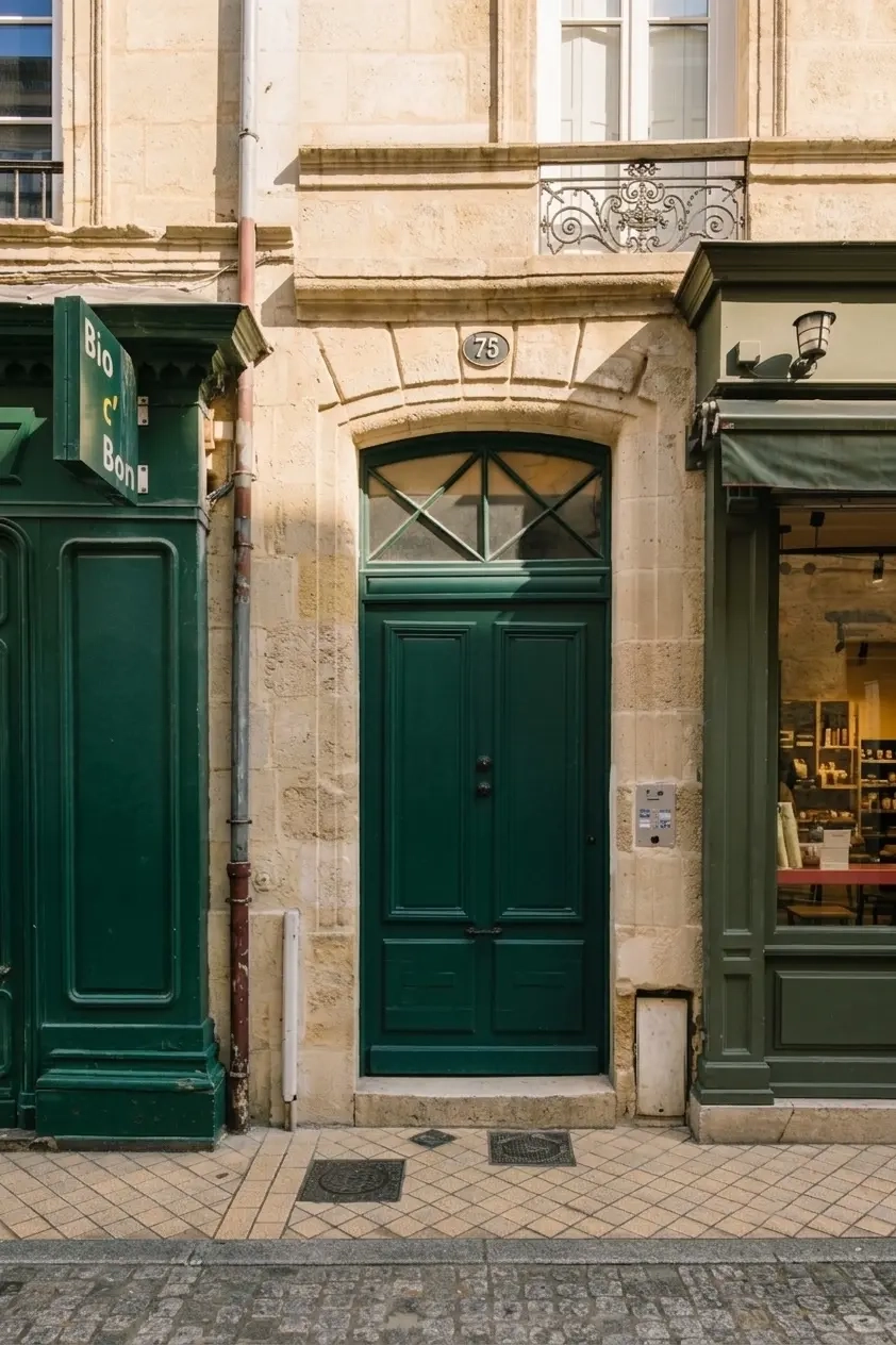 Porte d'entrée d'un immeuble de couleur verte dans le quartier des Chartrons à Bordeaux