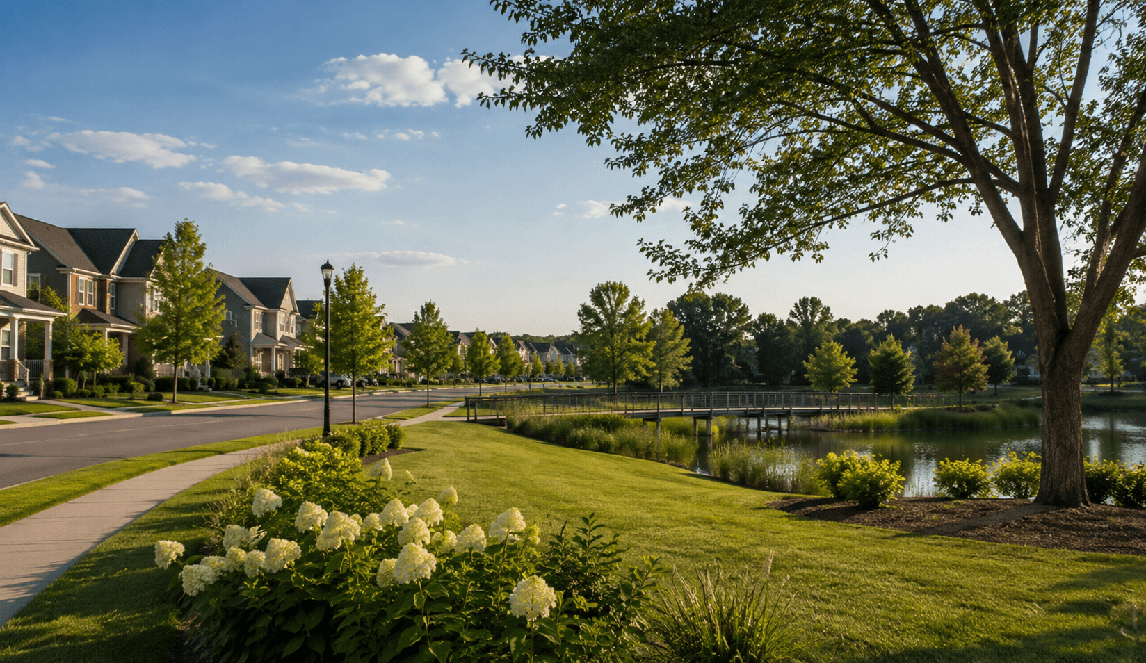 Serene suburban pond at sunset Antioch TN