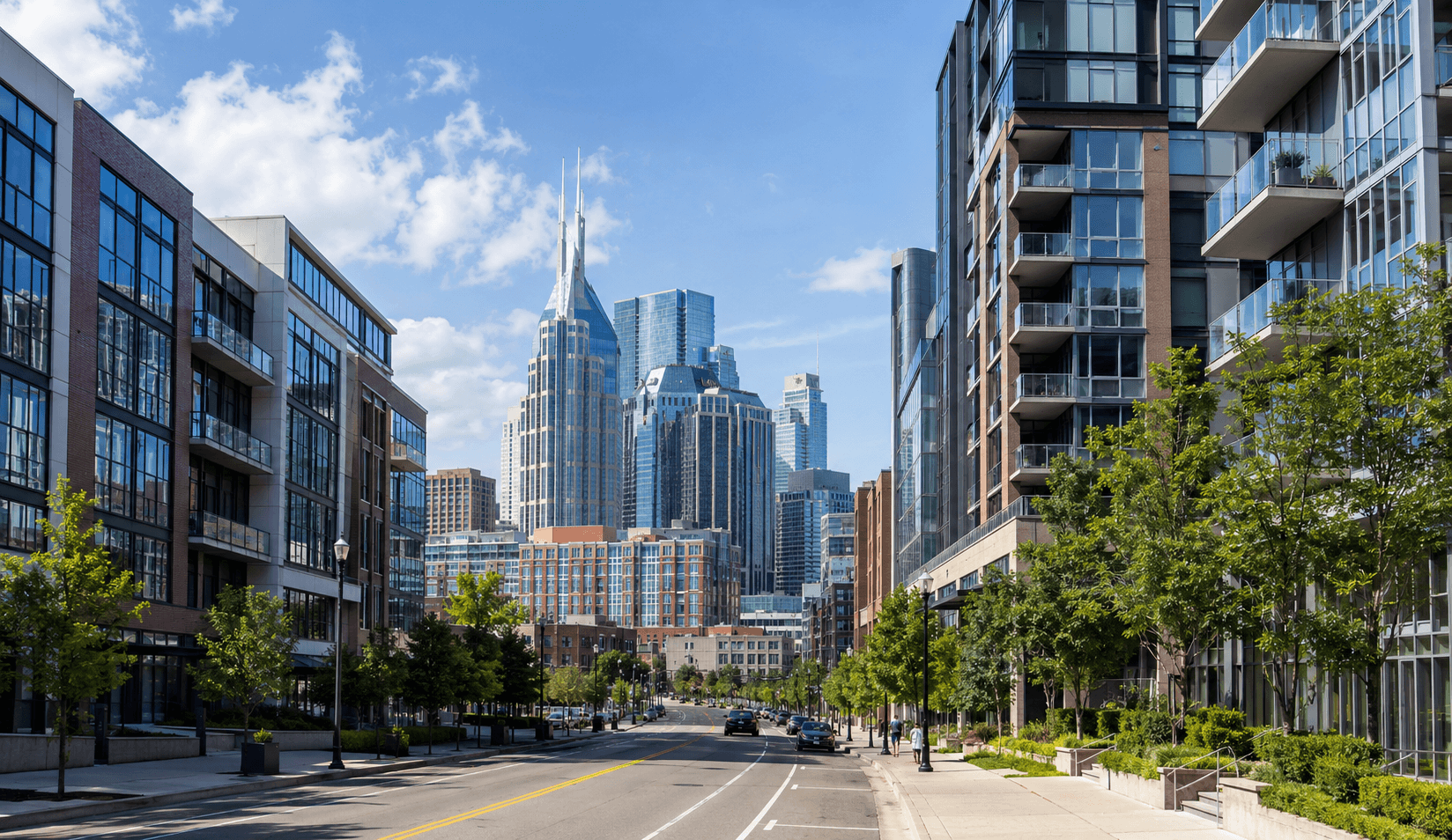 Modern city street with urban skyline The Gulch TN