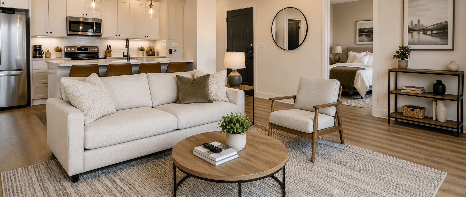Airbnb cleaning Modern farmhouse living room with cozy accents