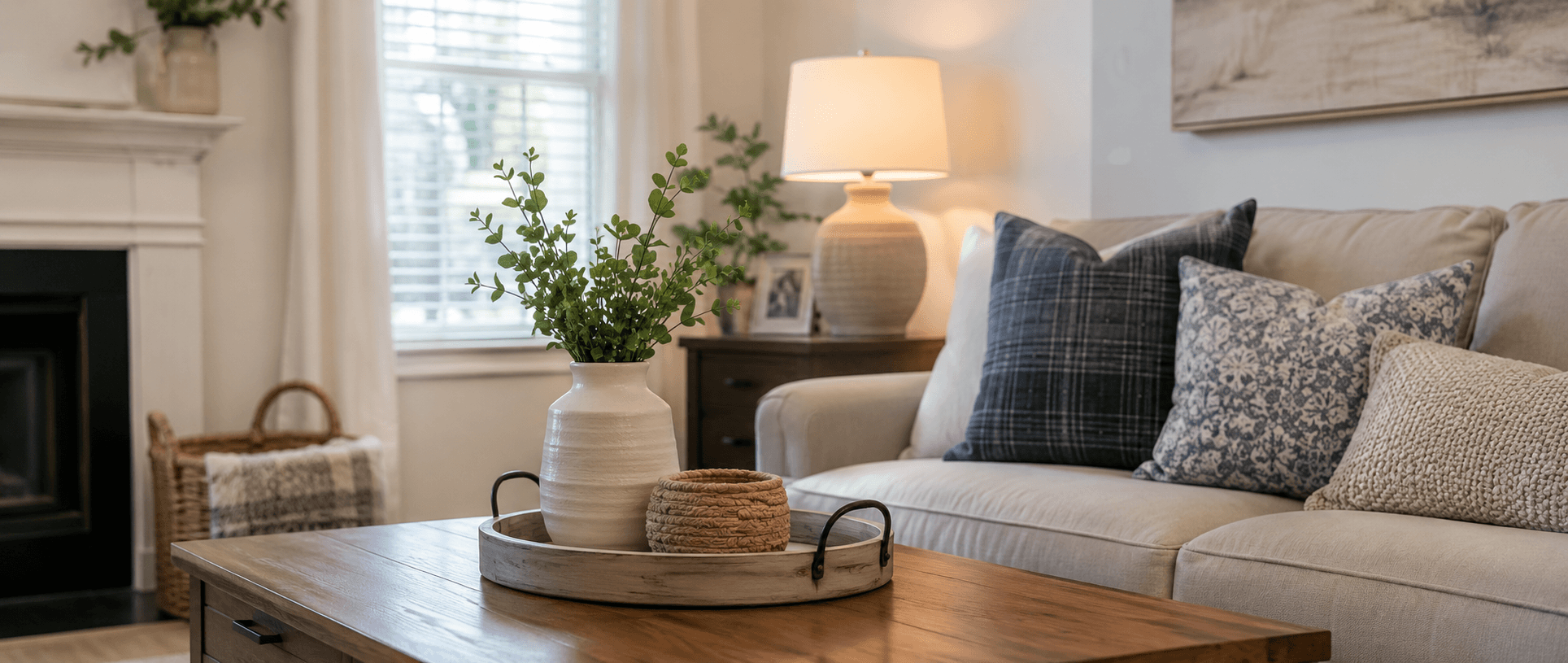 Routine CLeaning Cozy modern farmhouse living room scene