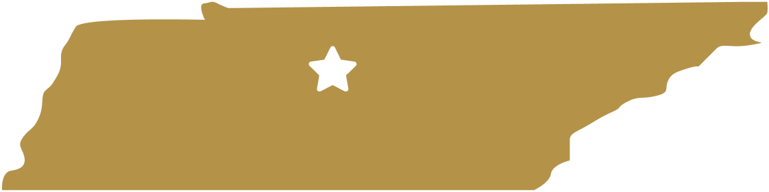 Gold silhouette of Tennessee state with a white star marking a location near the center.