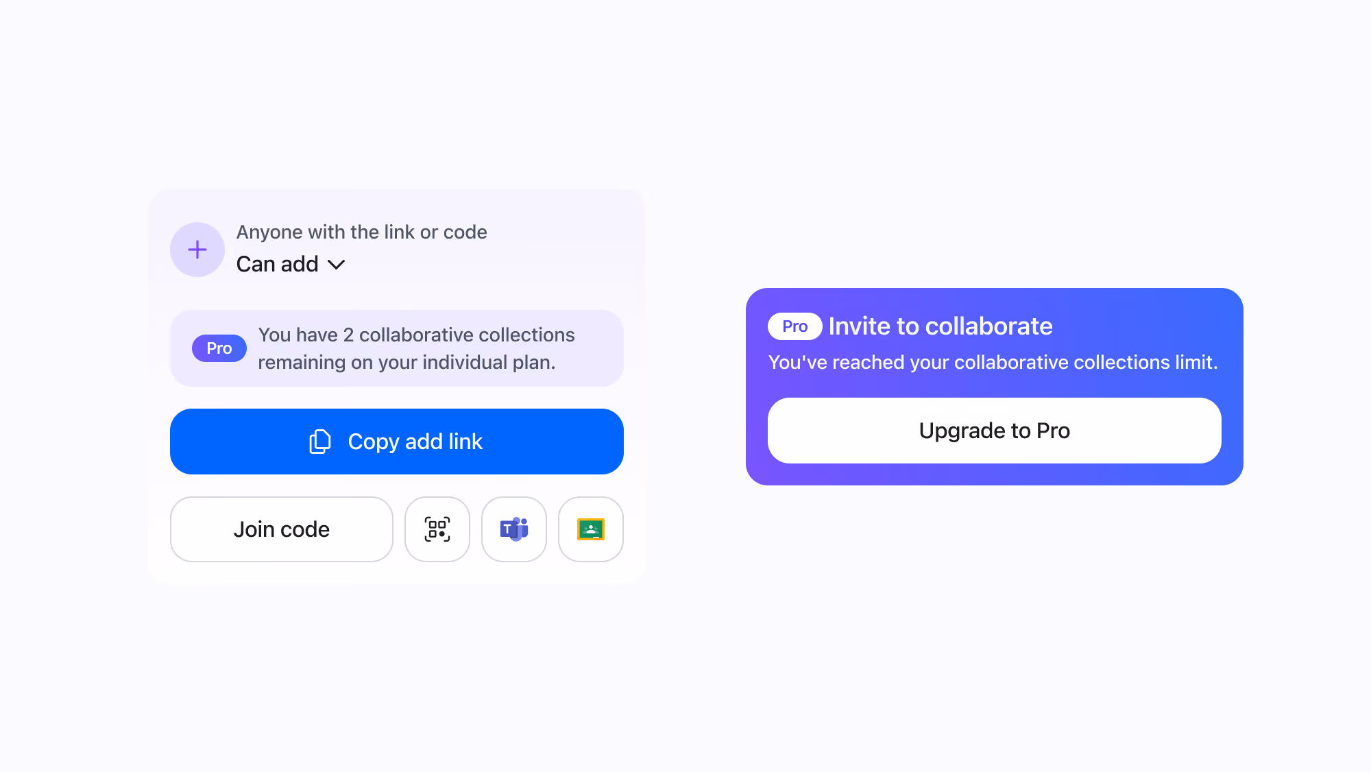 An image highlighting 2 parts of wakelet's old share dialog, where collaboration was paywalled.