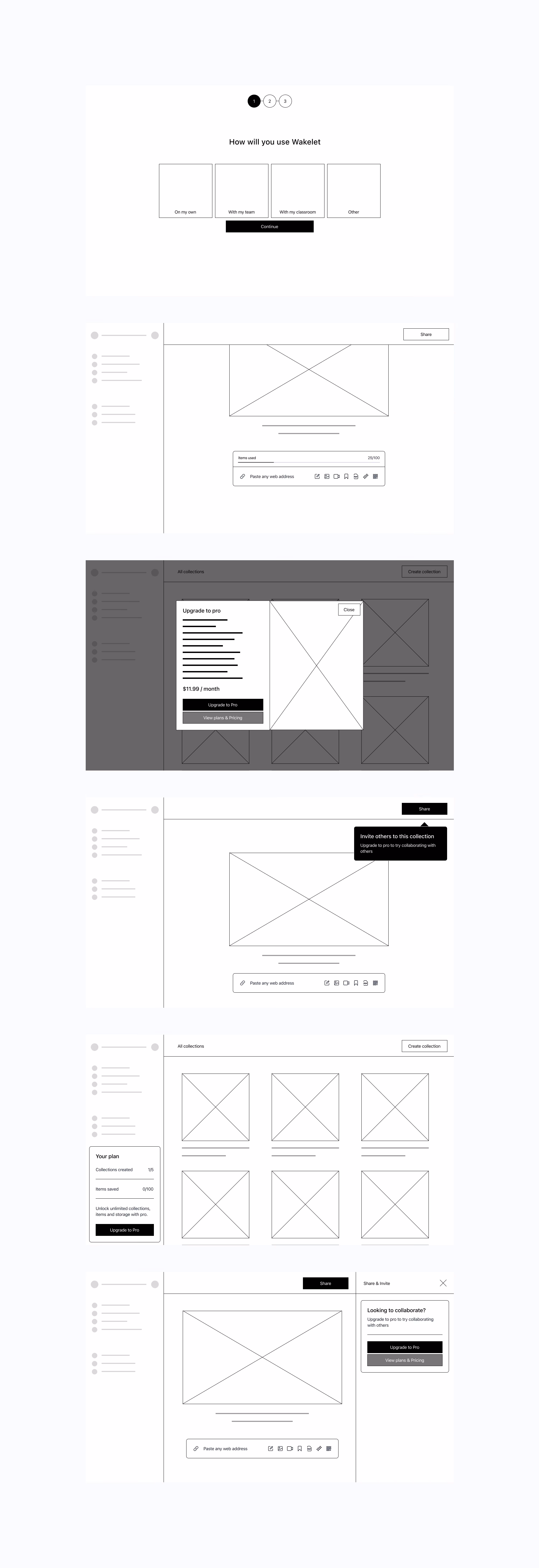 A collection of early stage wireframes.