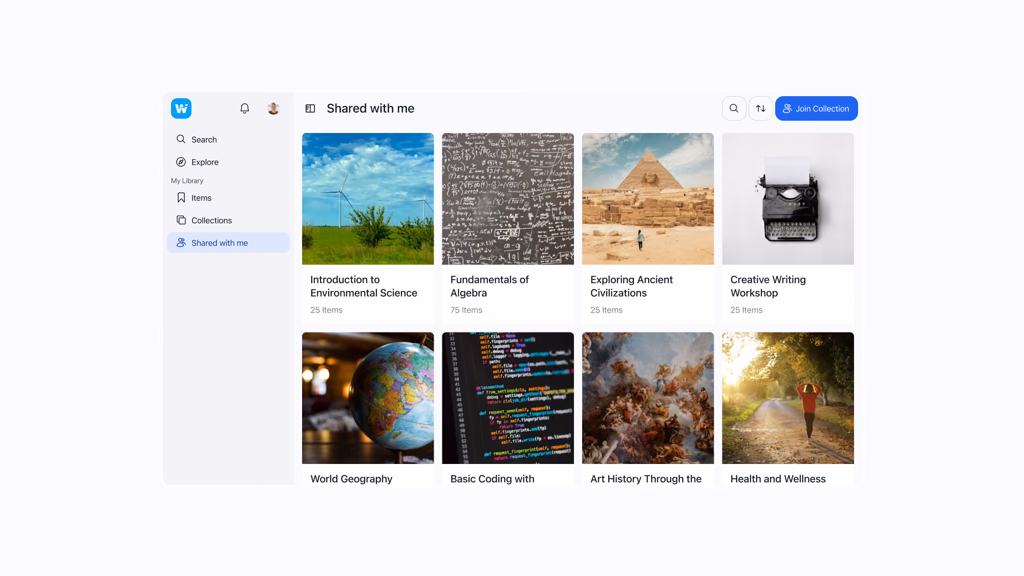 An image of Wakelet's 'Shared with me' user interface