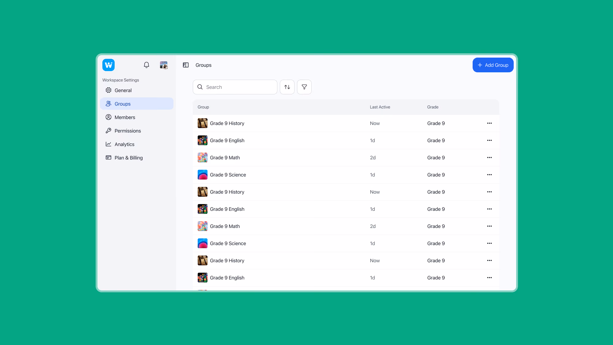 An image of the 'groups' tab in the wakelet workspace settings area