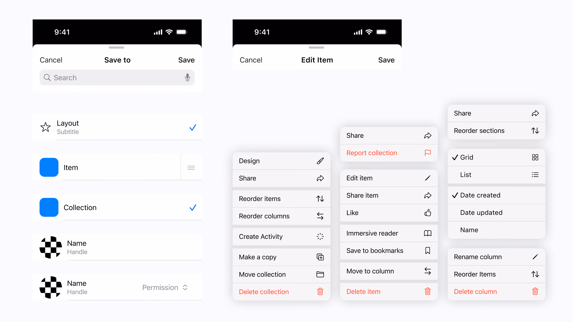 An image showing a collection of consistent UI components, including headers, list items, and dropdown menus