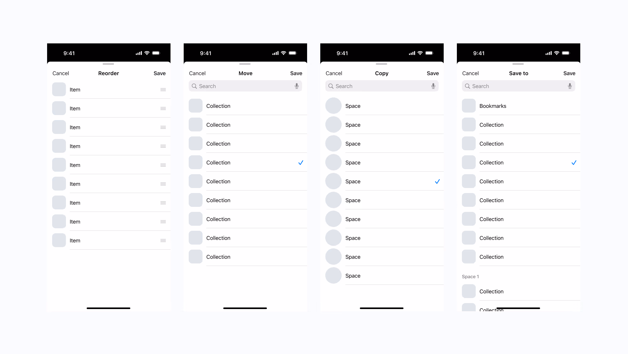 An image of 4 consistent list views