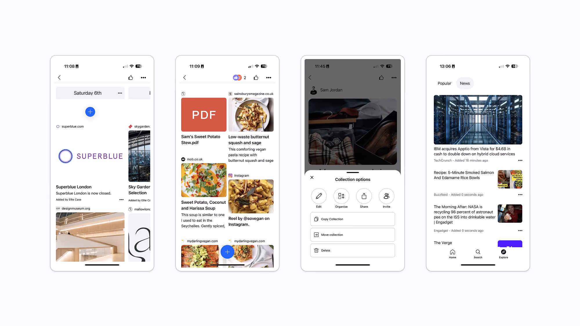 An image showing 4 app screens. A collection with sections in column layout, a collection in mood board layout, an action menu and an explore page