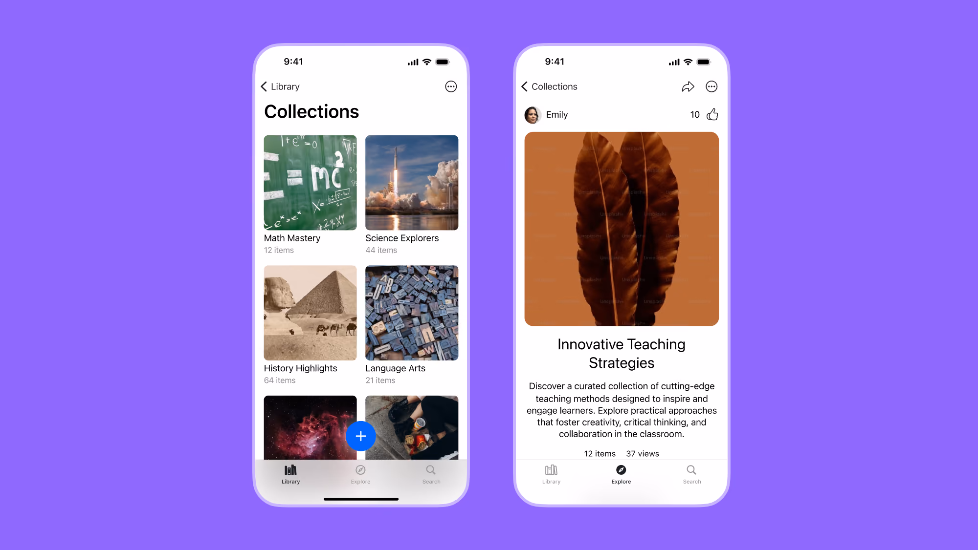 An image of 2 app screens. The first showcases a list of collections, the second shows an example collection.