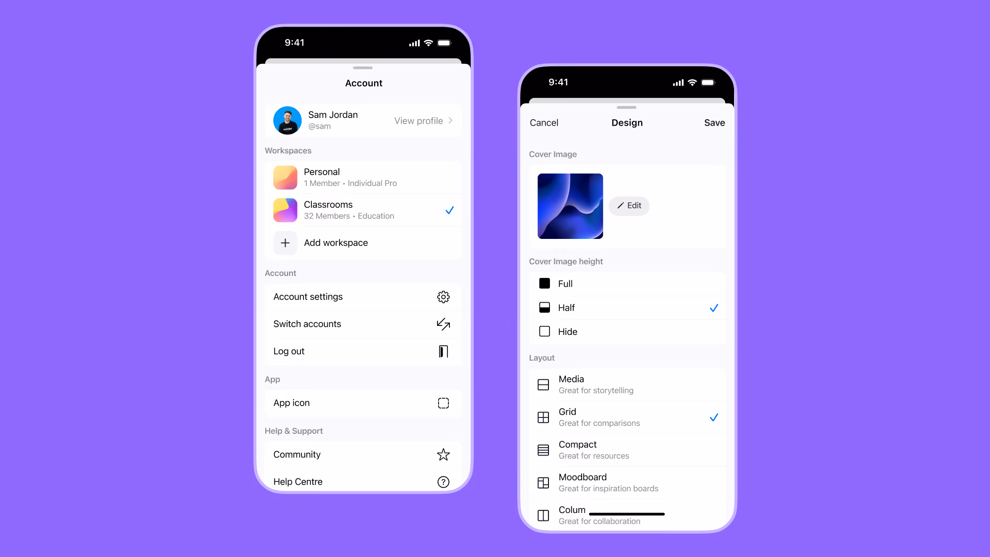 An image showing 2 app screens. The first is the account menu, the second is the design menu.