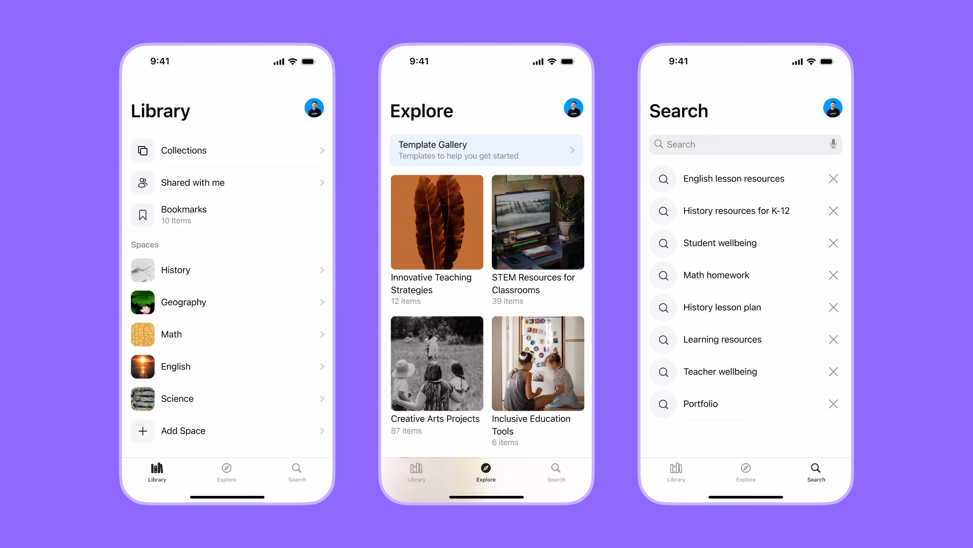 An image showing 3 app screens. The first is Library, the second is Explore, and the third is Search.