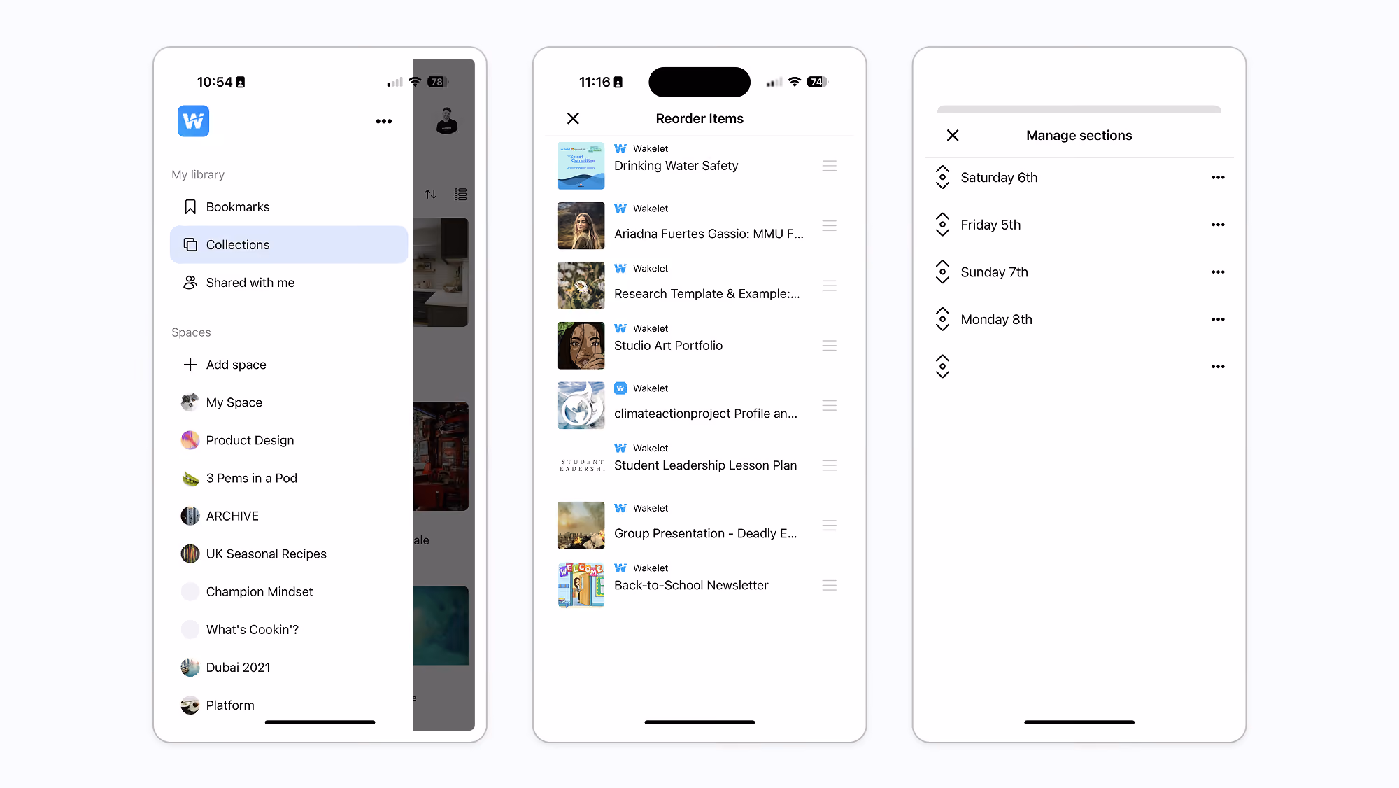 Image showing 3 app screens. Home (with a sidebar open), Reorder and reorder sections.