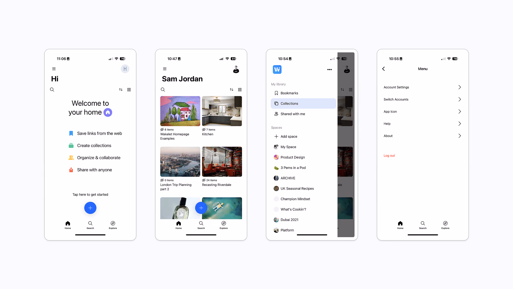 A collection of 4 app screens. Home, Collections, Sidebar and Account settings.