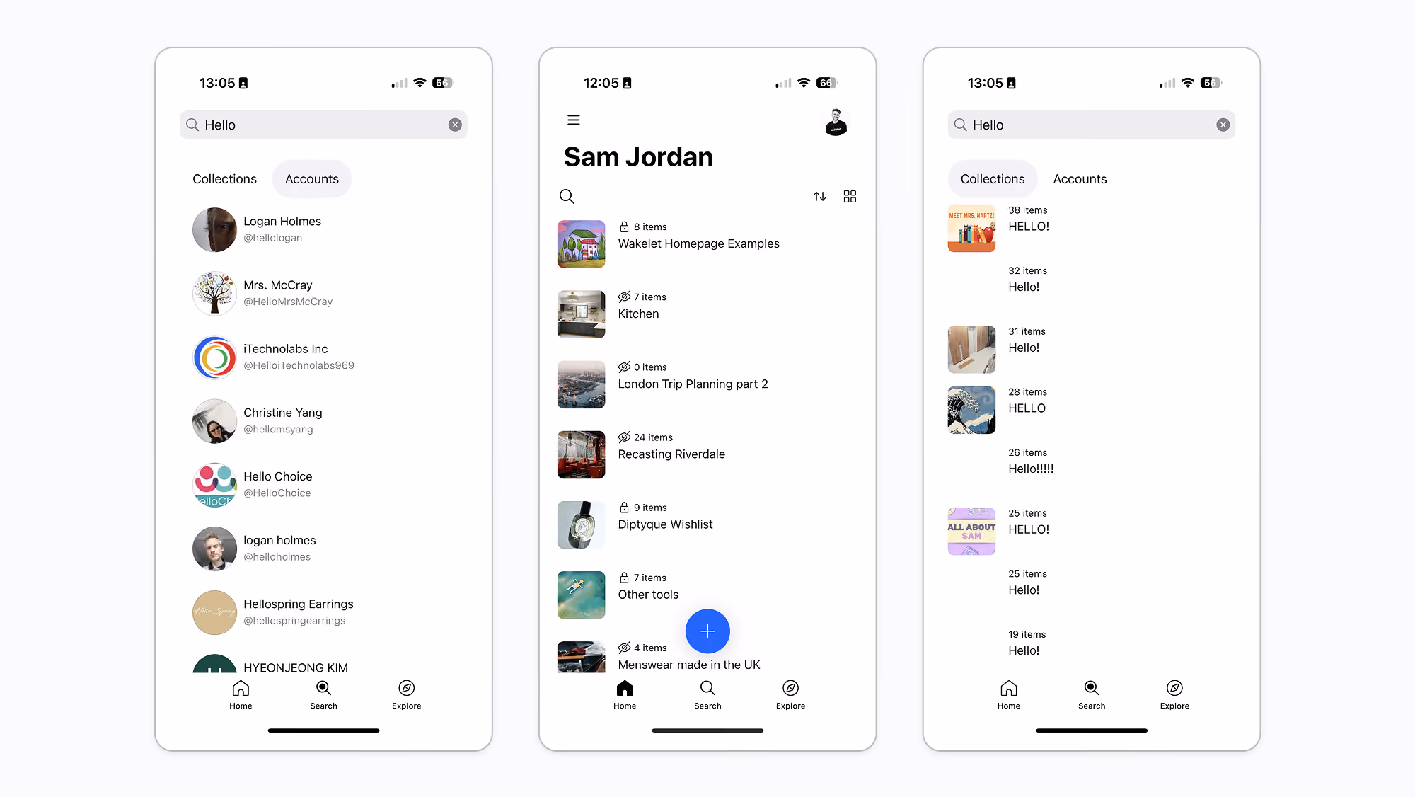 Image showing 3 app screens. Profile search, Home and collection search.
