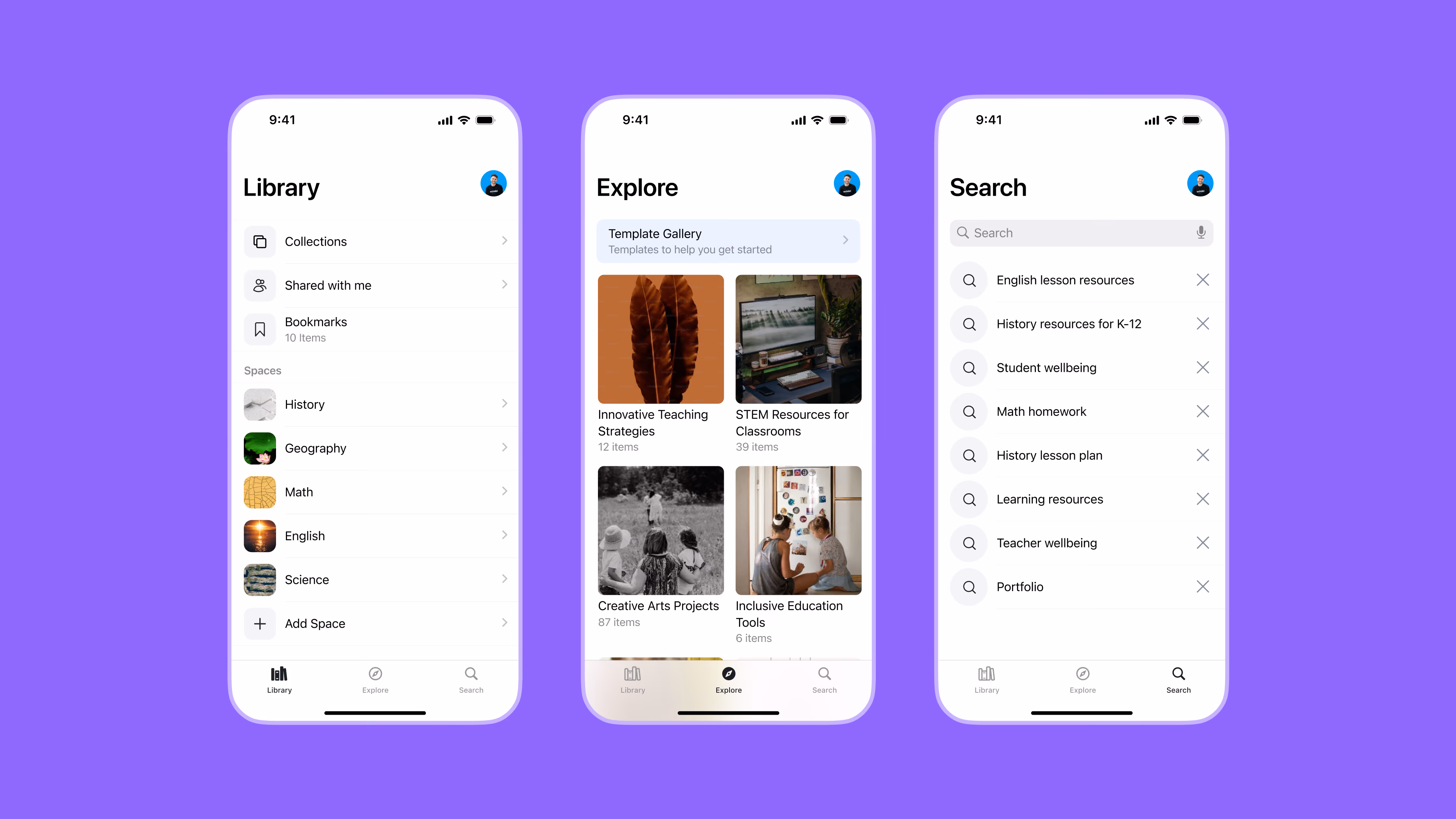 Image showing 3 app screens. User Library, Explore and Search.