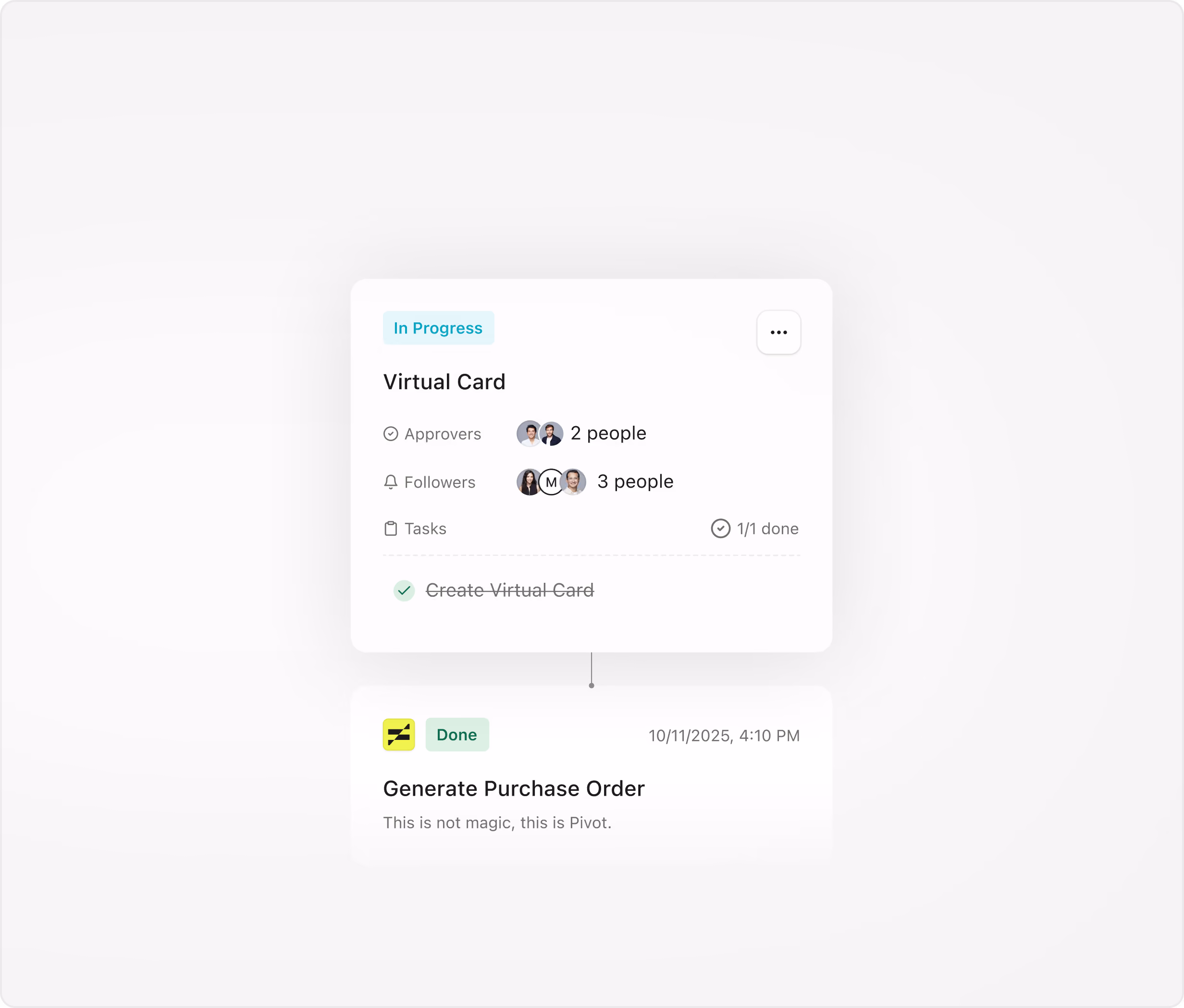 Velocity: a virtual card request in progress with approvers and tasks, followed by a completed Generate Purchase Order step