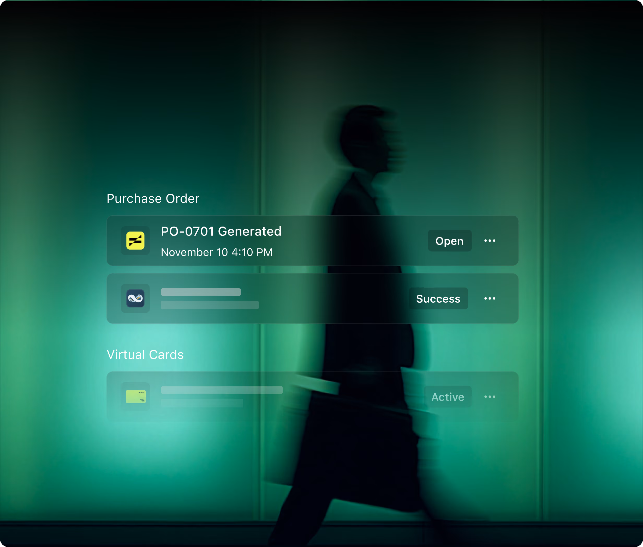 Structure: purchase order PO-0701 generated and a virtual card active, shown over a blurred figure walking