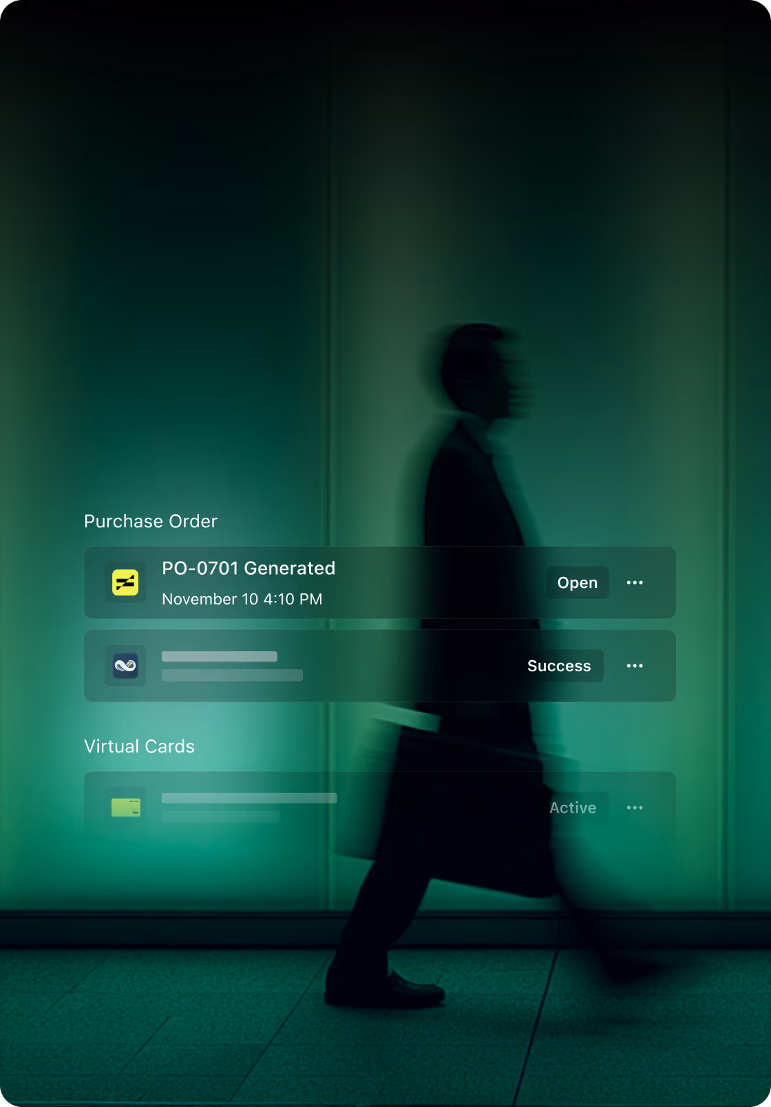 Structure: purchase order PO-0701 generated and a virtual card active, shown over a blurred figure walking