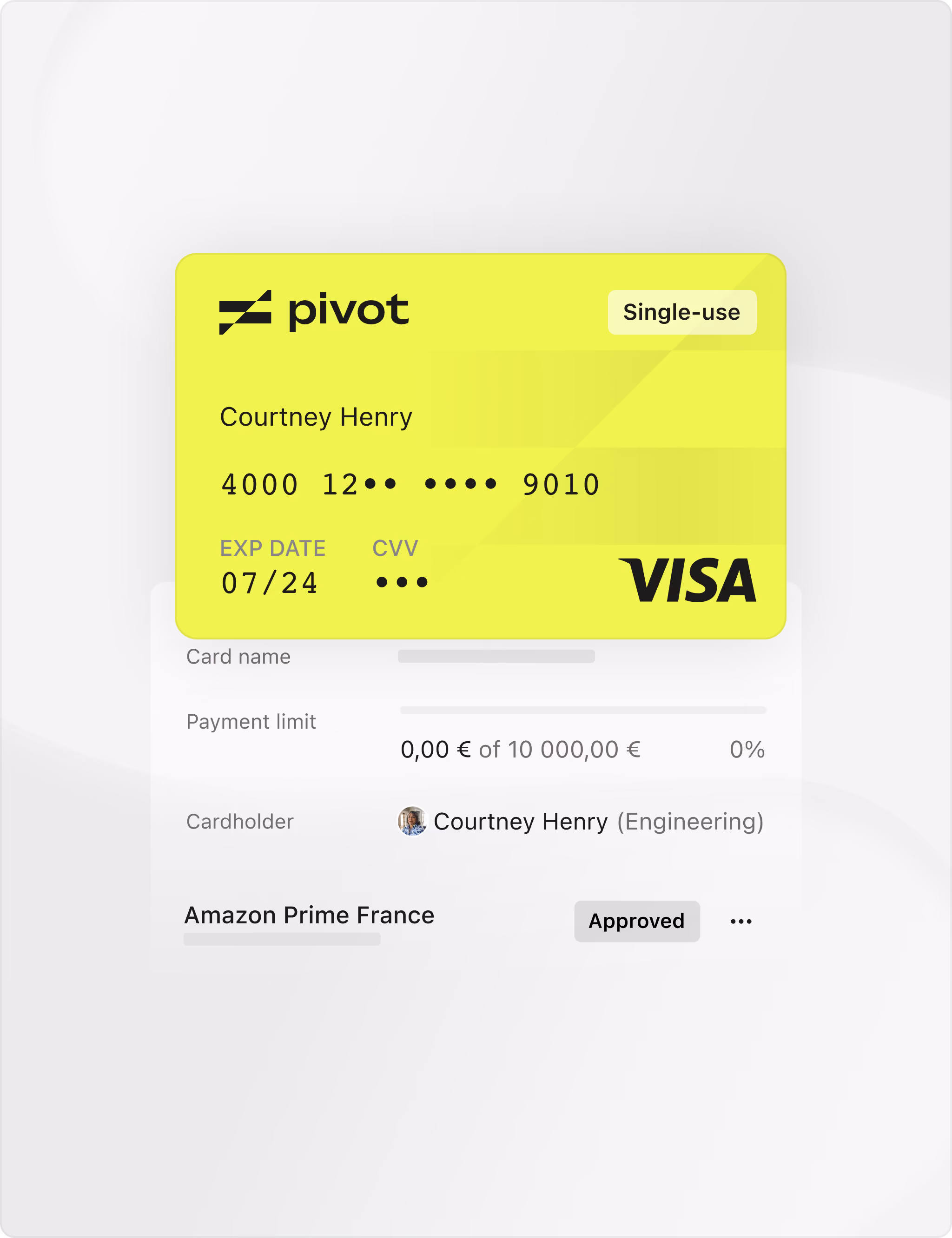 A single-use Pivot Visa virtual card issued to Courtney Henry with a EUR 10,000 limit, approved for Amazon Prime France